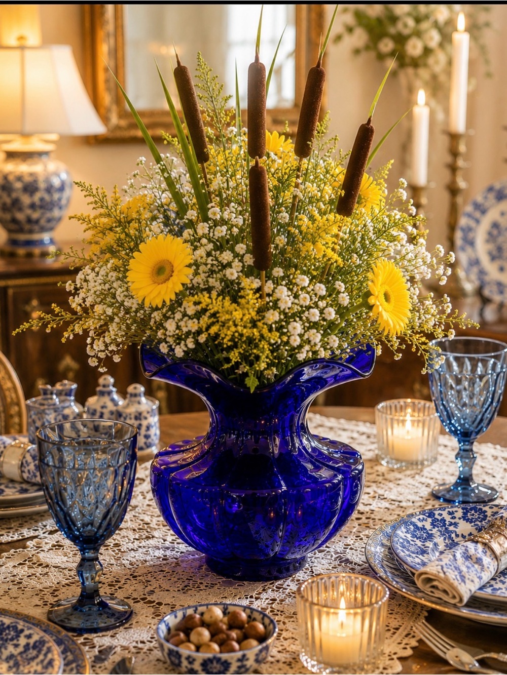 Vintage Cobalt Blue Art Glass Vase, Scalloped Ruffled Edge